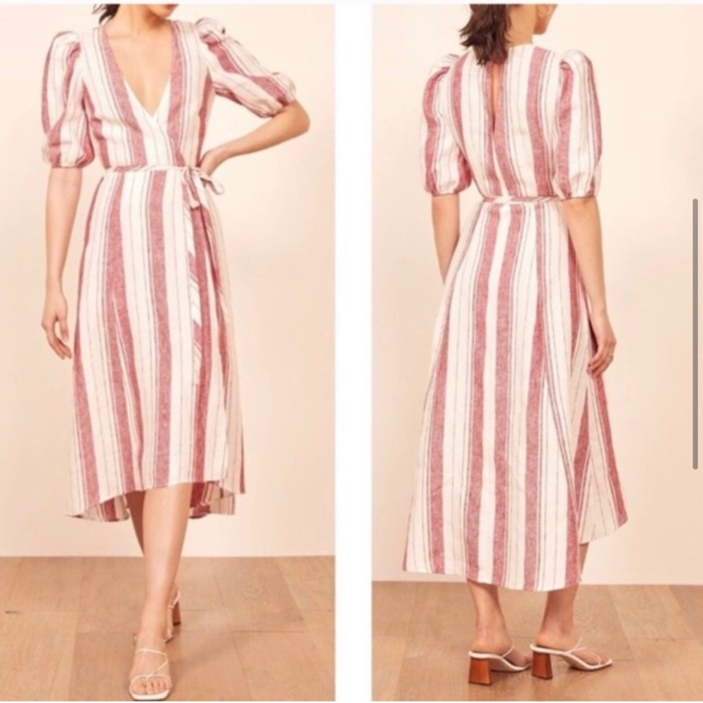 Reformation Waves Red Striped Wrap Dress in Savannah Stripe Size Large Linen